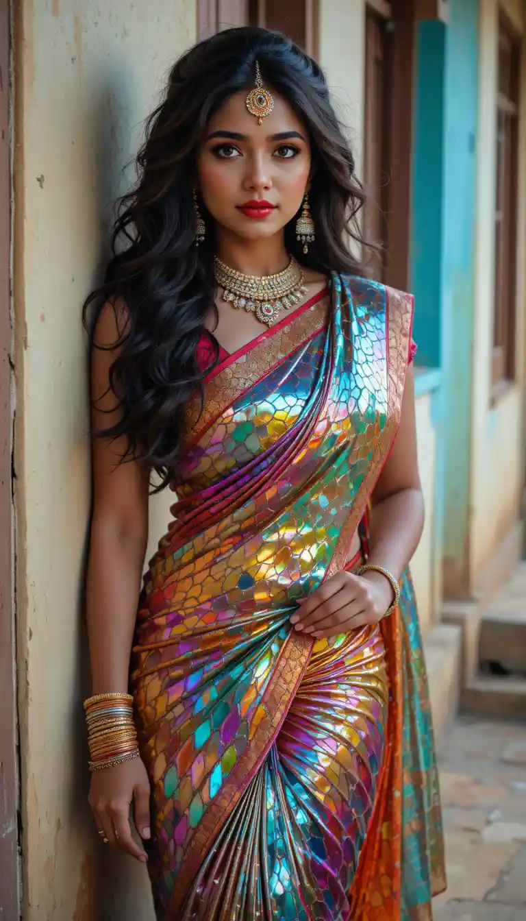 Indian woman in glossy mirror saree leaning by wall