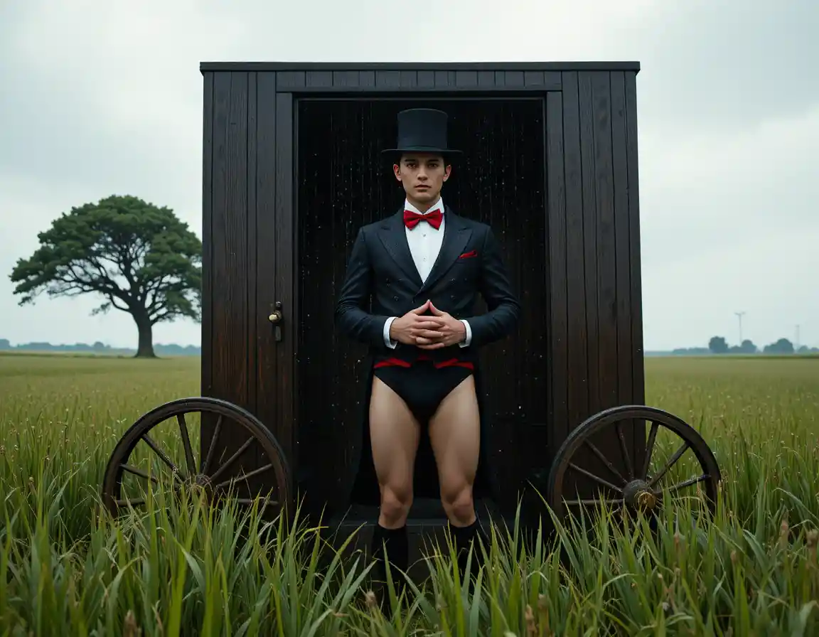 Victorian gentleman before a carriage in a grassy field
