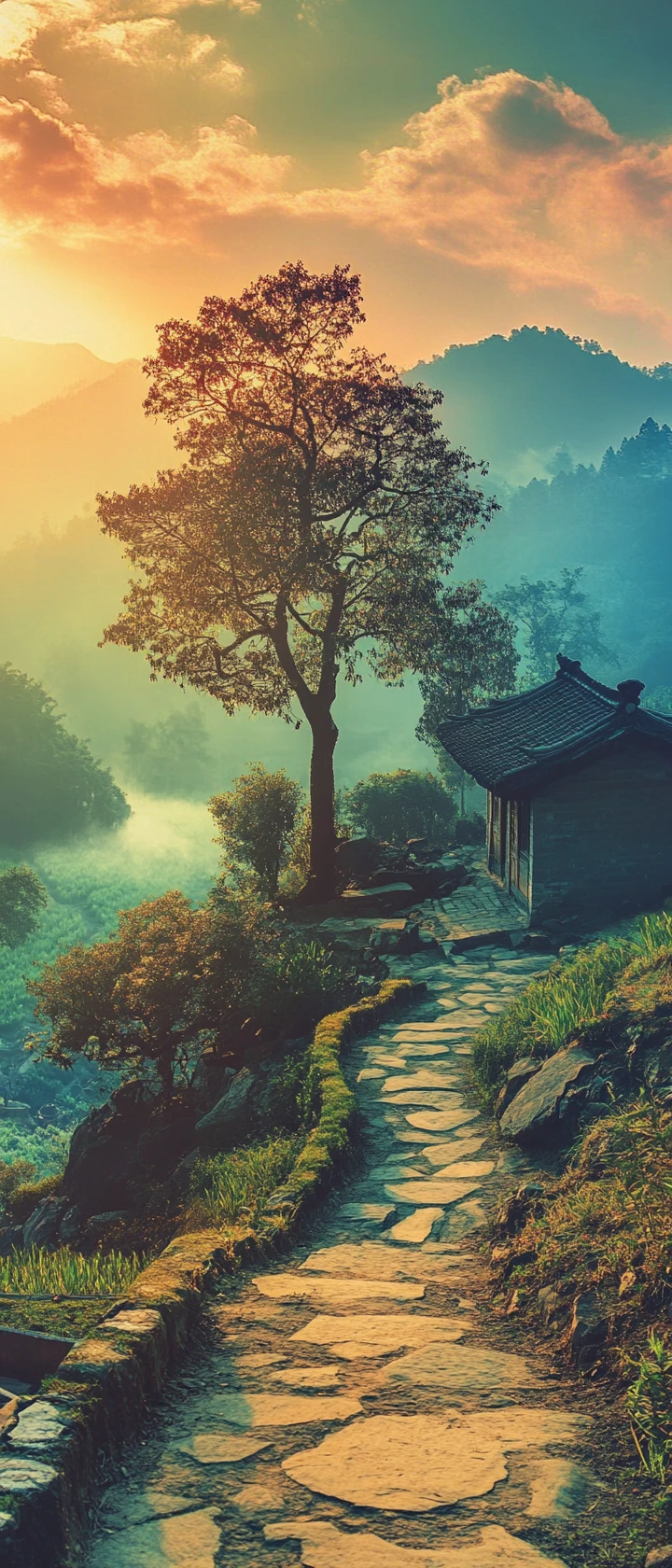 Surreal zen landscape with bright cheerful pastel colors