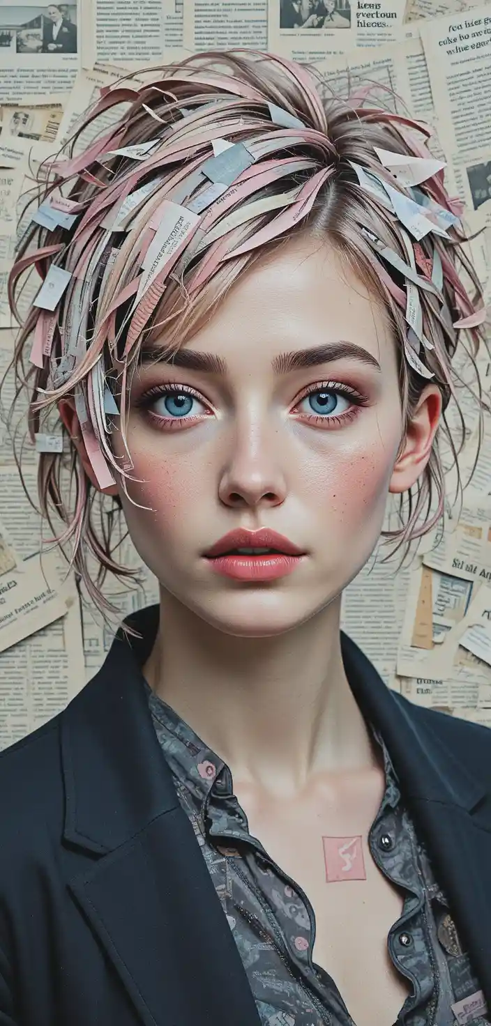 Collage portrait of a young woman with paper textured hair