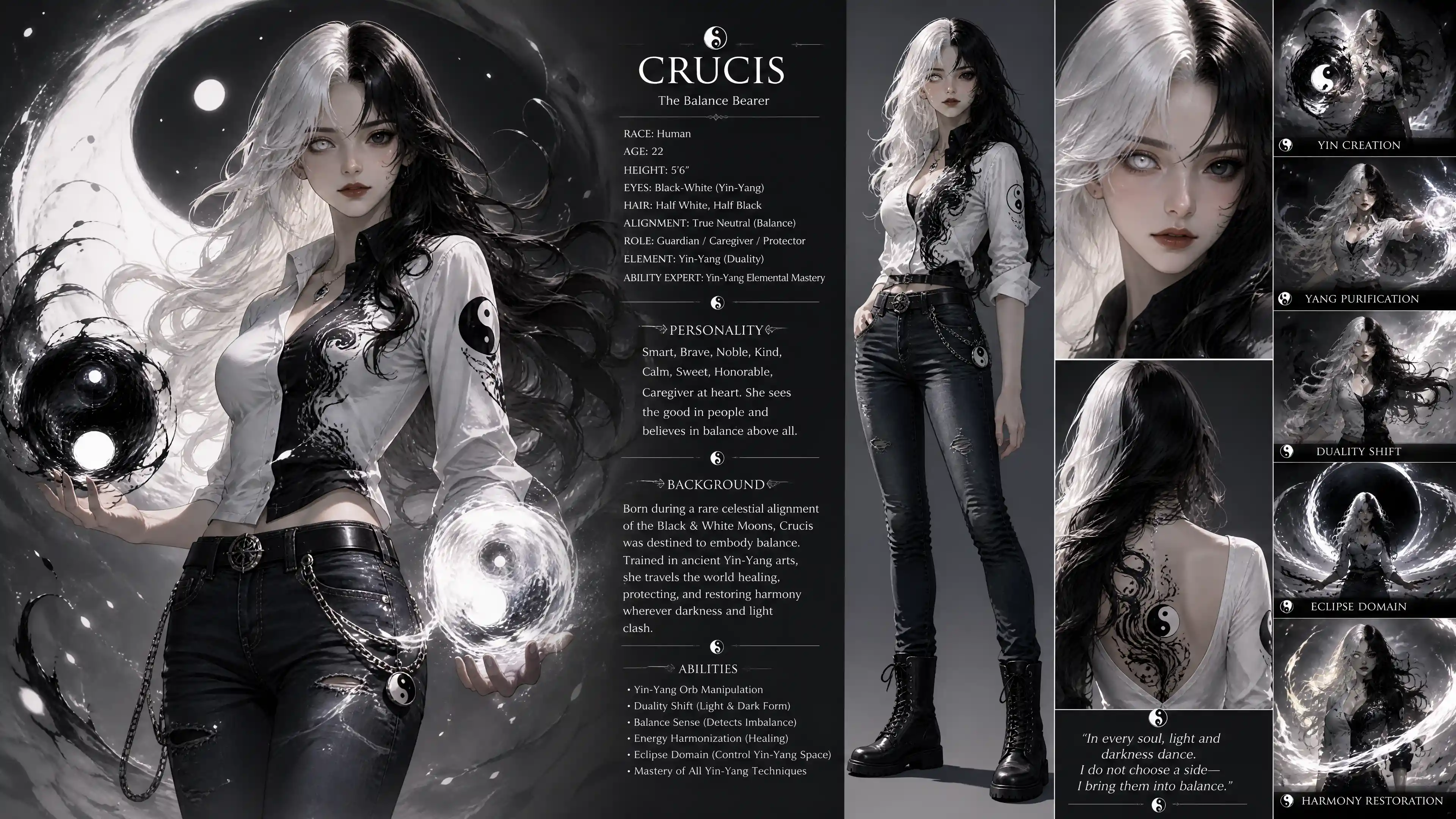 Fantasy woman with half white half black hair in casual clothes
