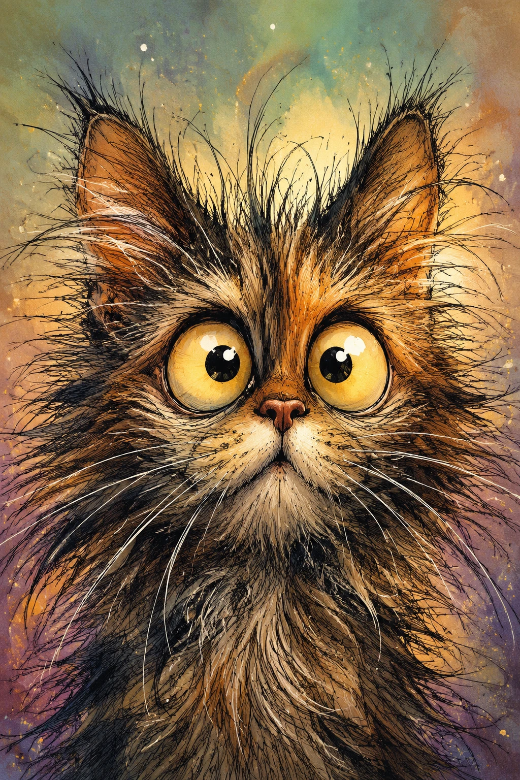 Shocked fluffy cartoon cat face in watercolor illustration