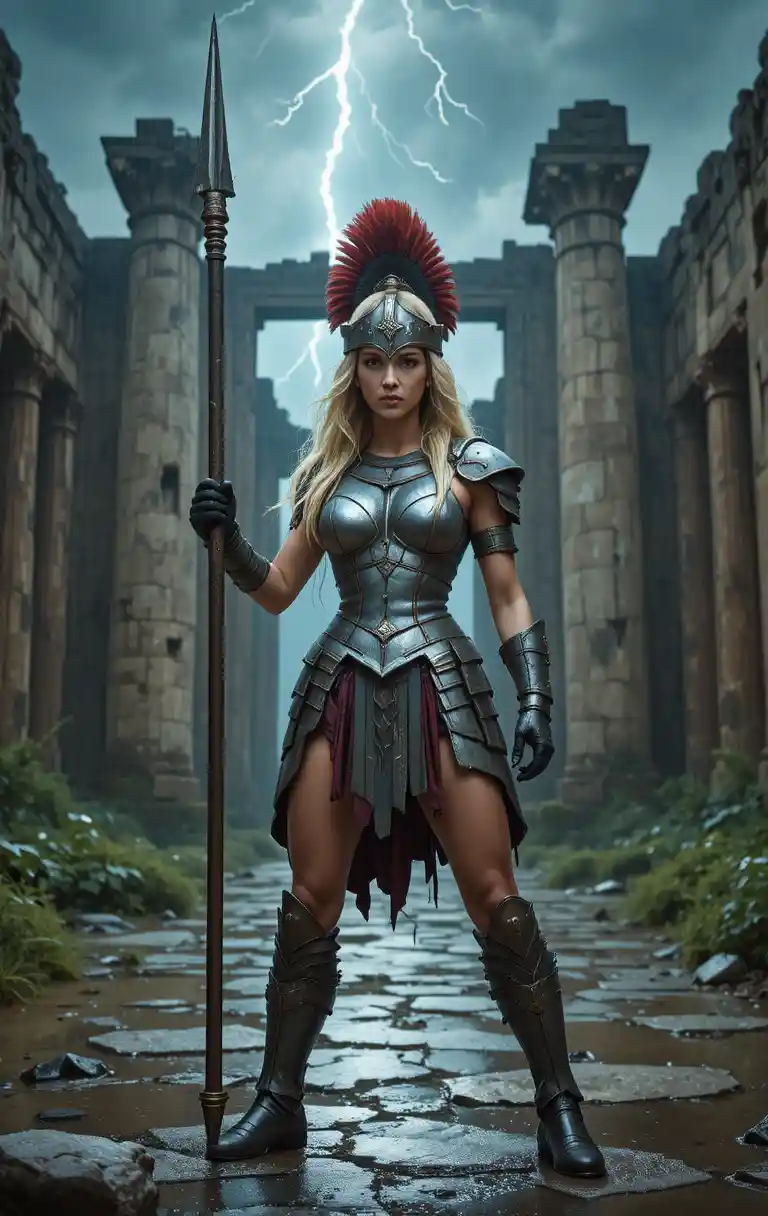 Armored female warrior with spear in stormy ancient ruins