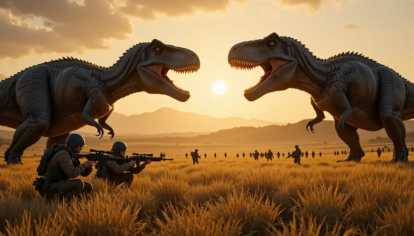 Soldiers Face Two Giant T Rex In Sunset Grassland