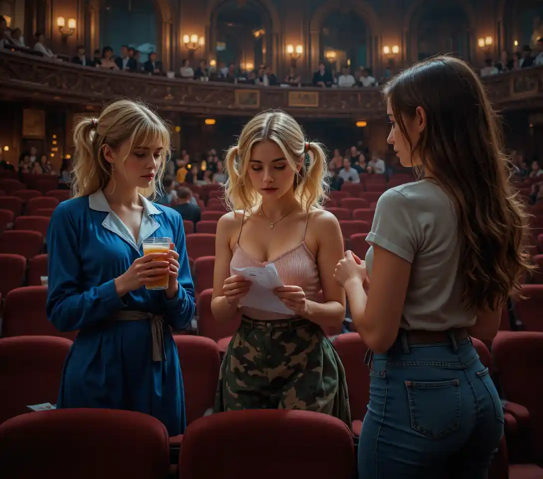 Three young women talking in a warm lit dressing room