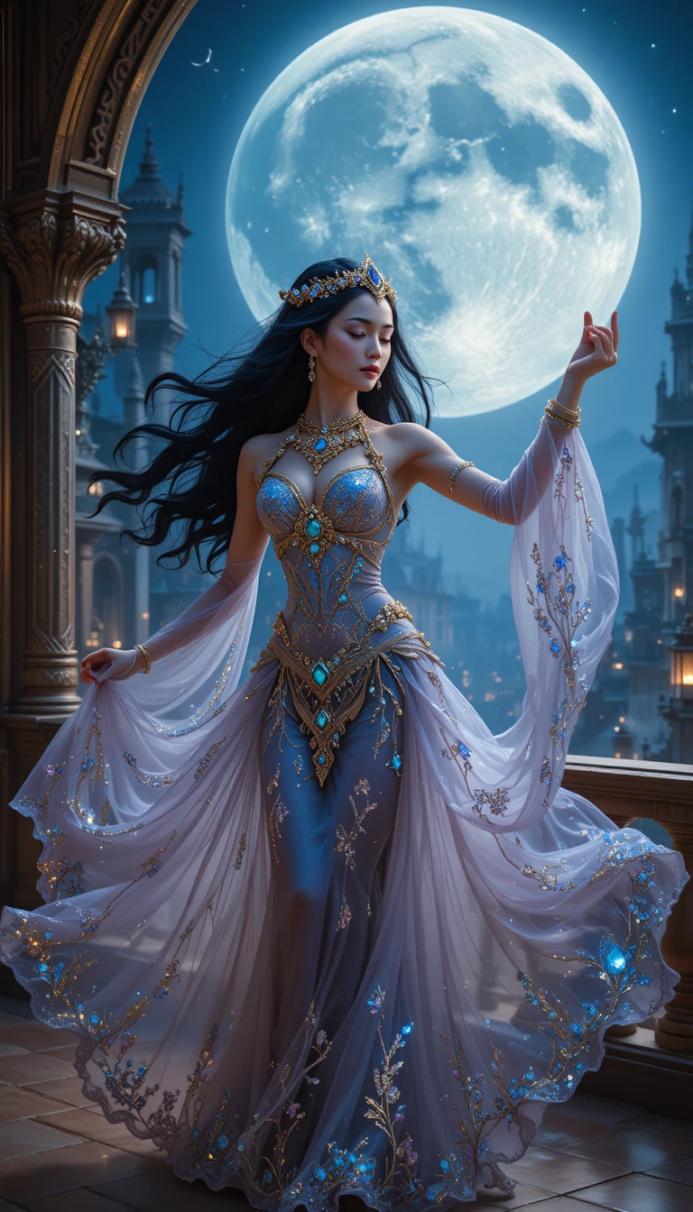 Fantasy woman dancing under a glowing full moon