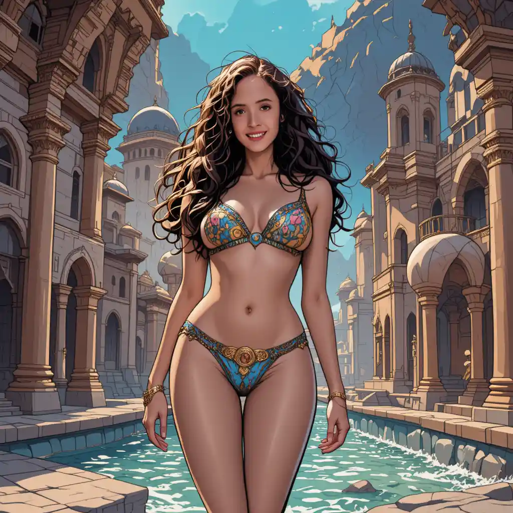 Sultry woman in micro bikini at ornate Arabian palace