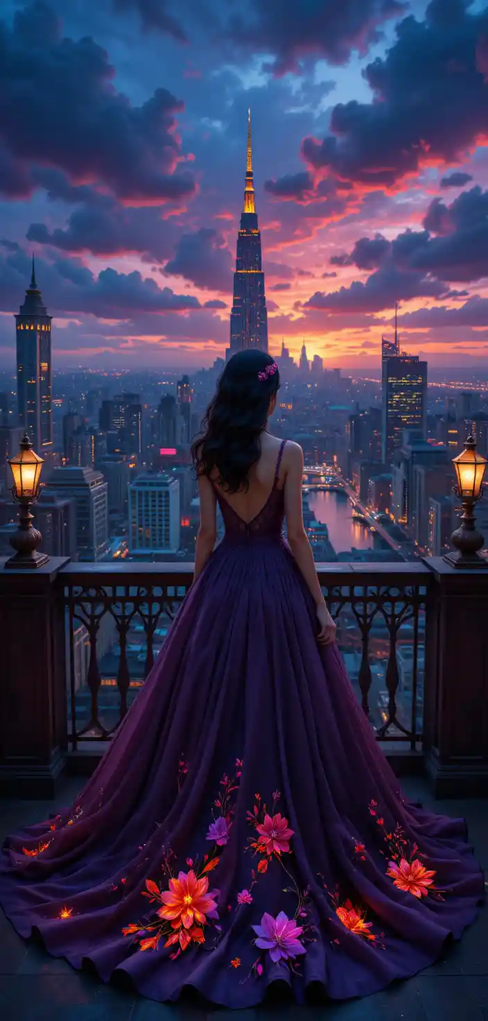 Elegant girl in violet gown on city balcony at dusk