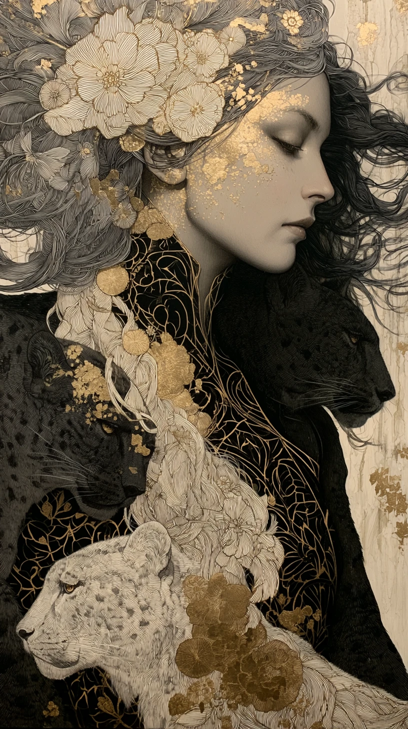 Retrato onírico de diosa con felinos y acentos florales dorados