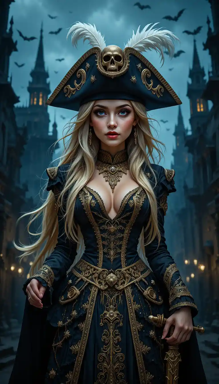 Dark pirate woman in gothic city at dusk