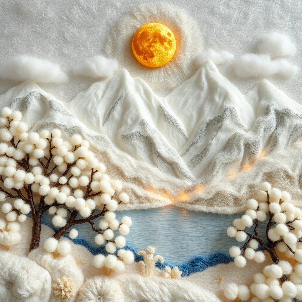 Fantasy wool landscape with moonlit mountains and lake