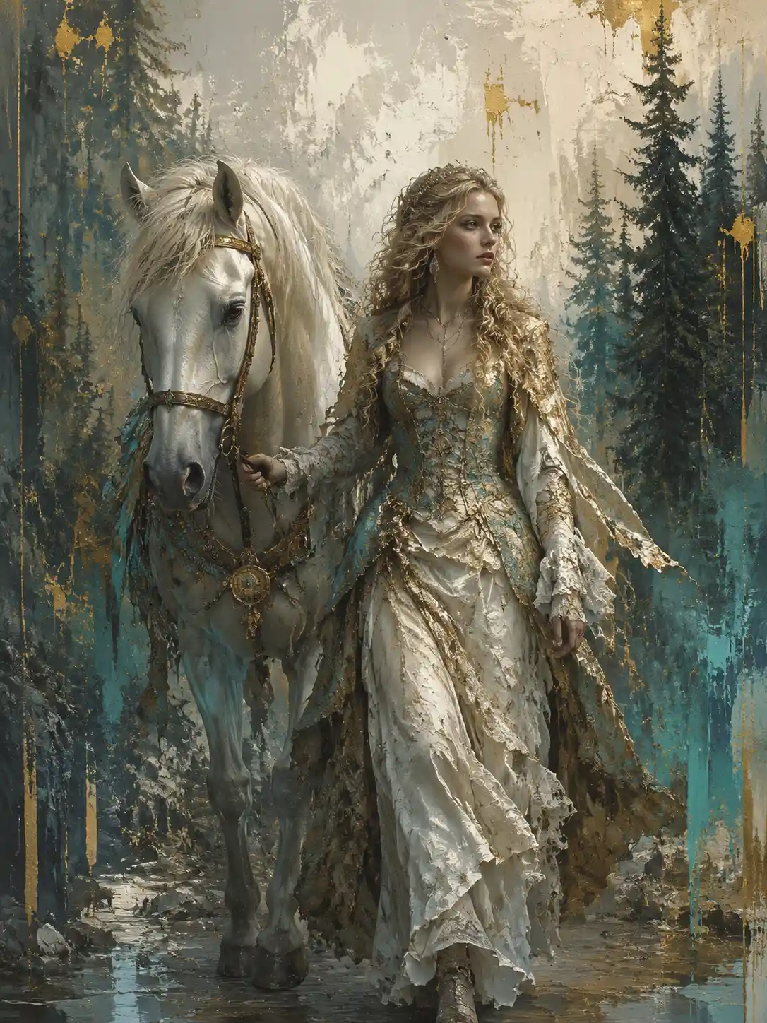 Enigmatic woman walking with white stallion in surreal forest