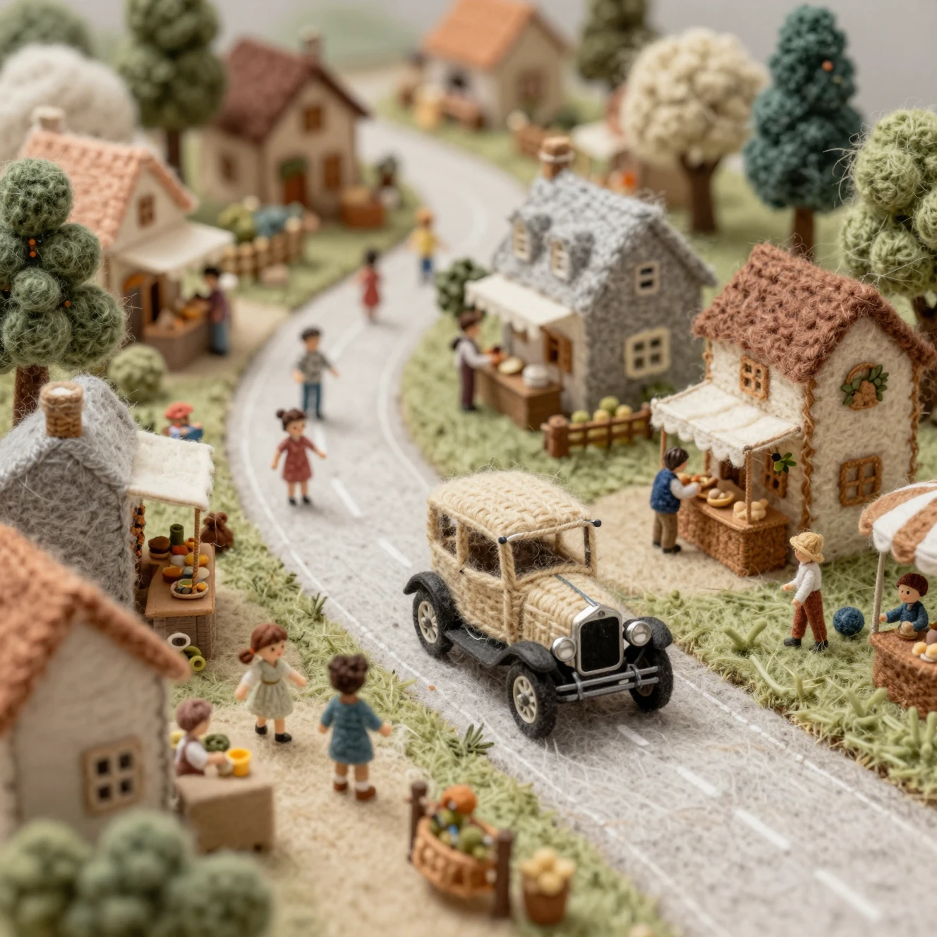 Diorama de Aldea de Lana en Miniatura con Coche de Hilo Vintage