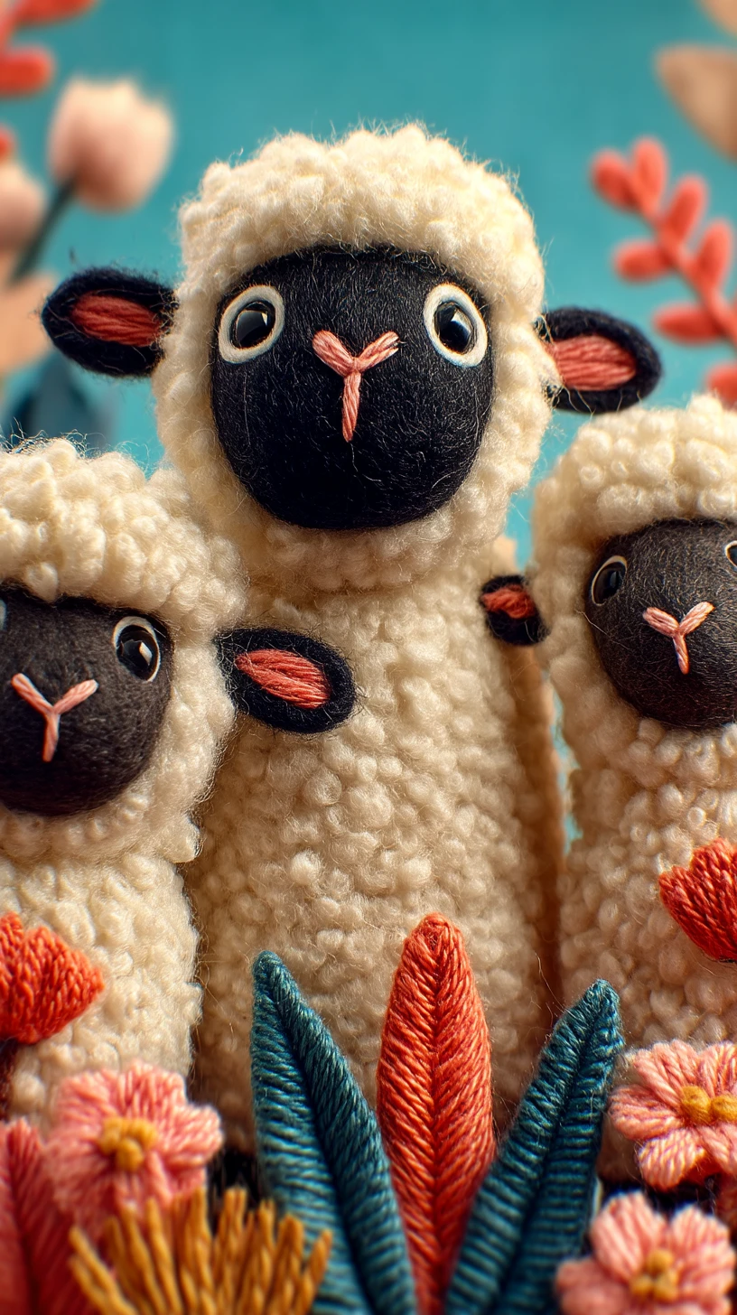 Nadelgefilztes Lamm-Trio in einem verträumten Studio aus der Nahaufnahme