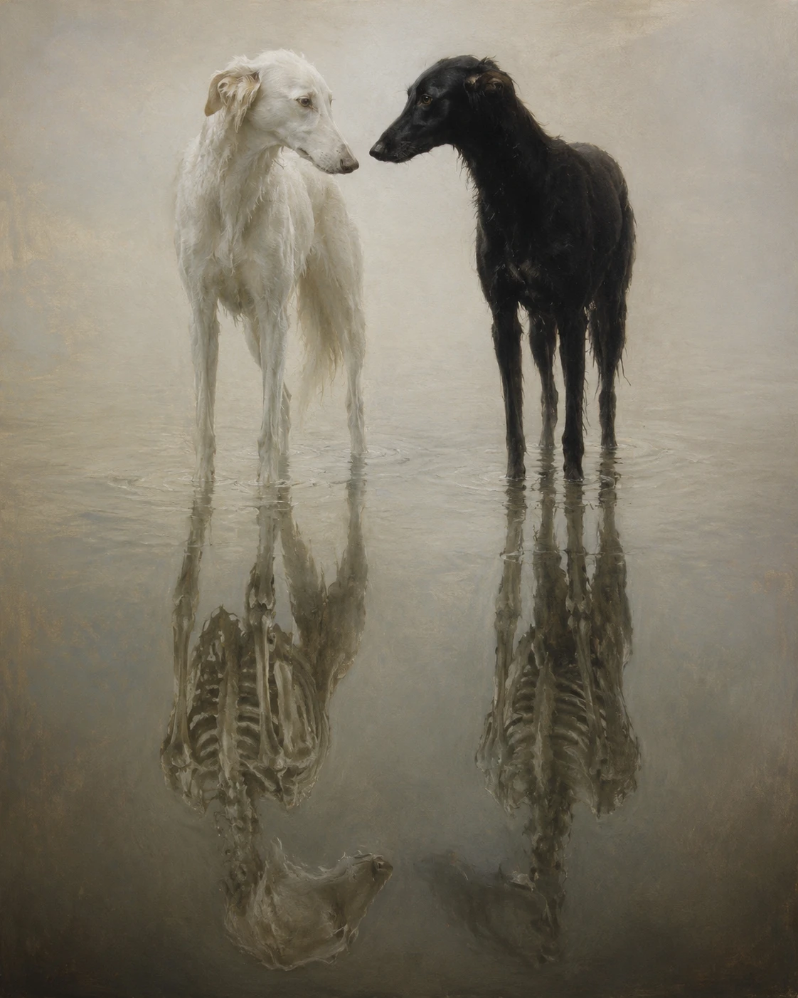 Painted dogs standing in shallow reflective water in fine art style