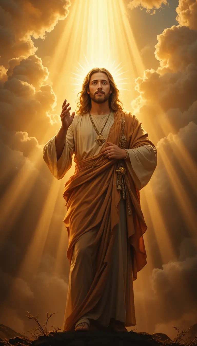 Jesus Christ in radiant divine light among opening clouds