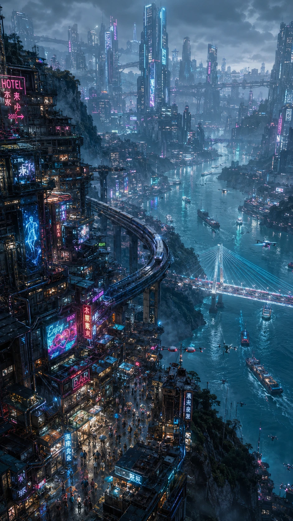 Vista aerea di città montana cyberpunk con fiume al neon