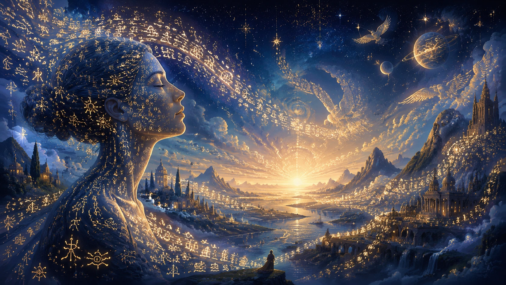 Luminous symbols drifting through a surreal celestial landscape