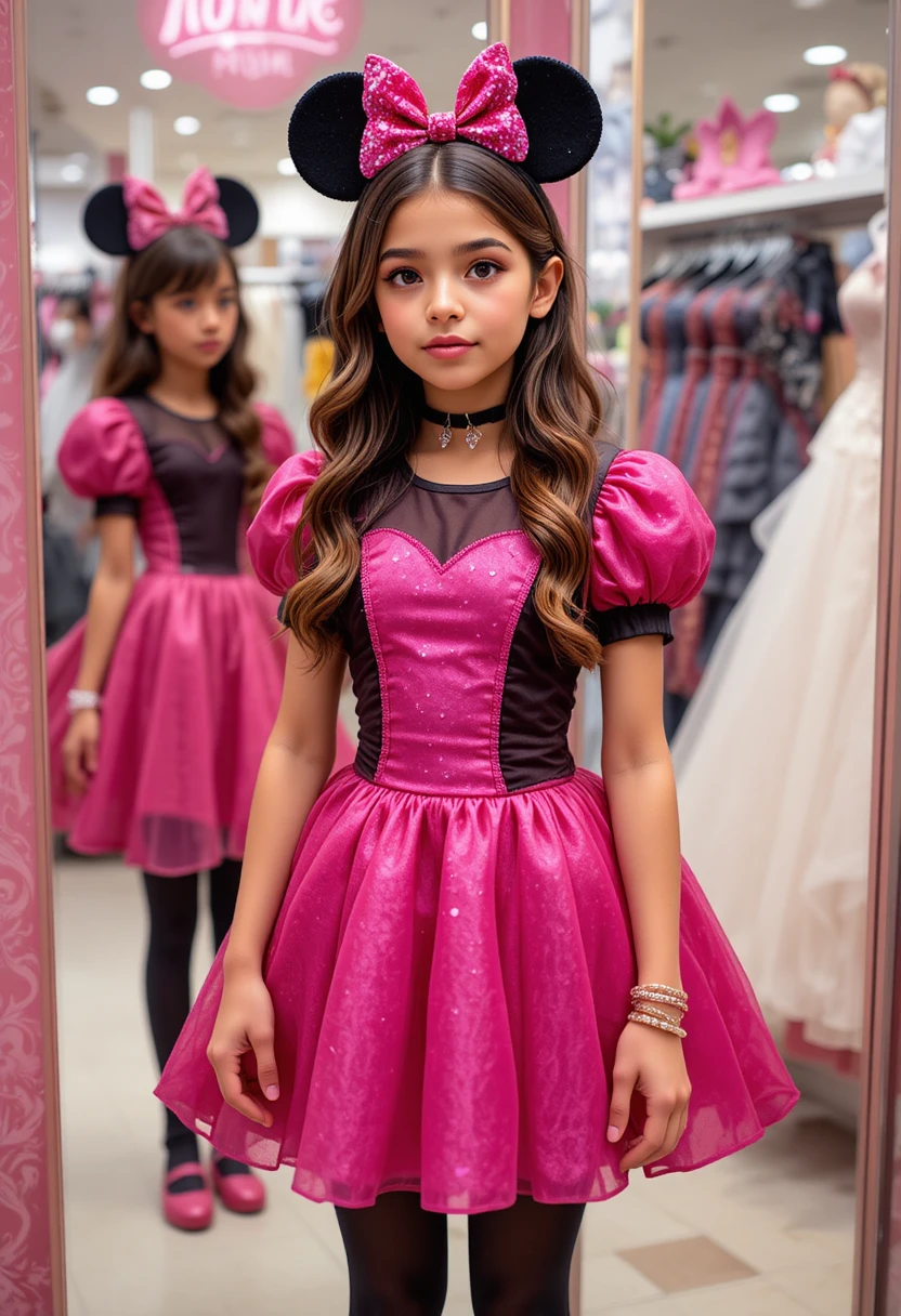 Nervous preteen in pink Minnie dress before a mirror
