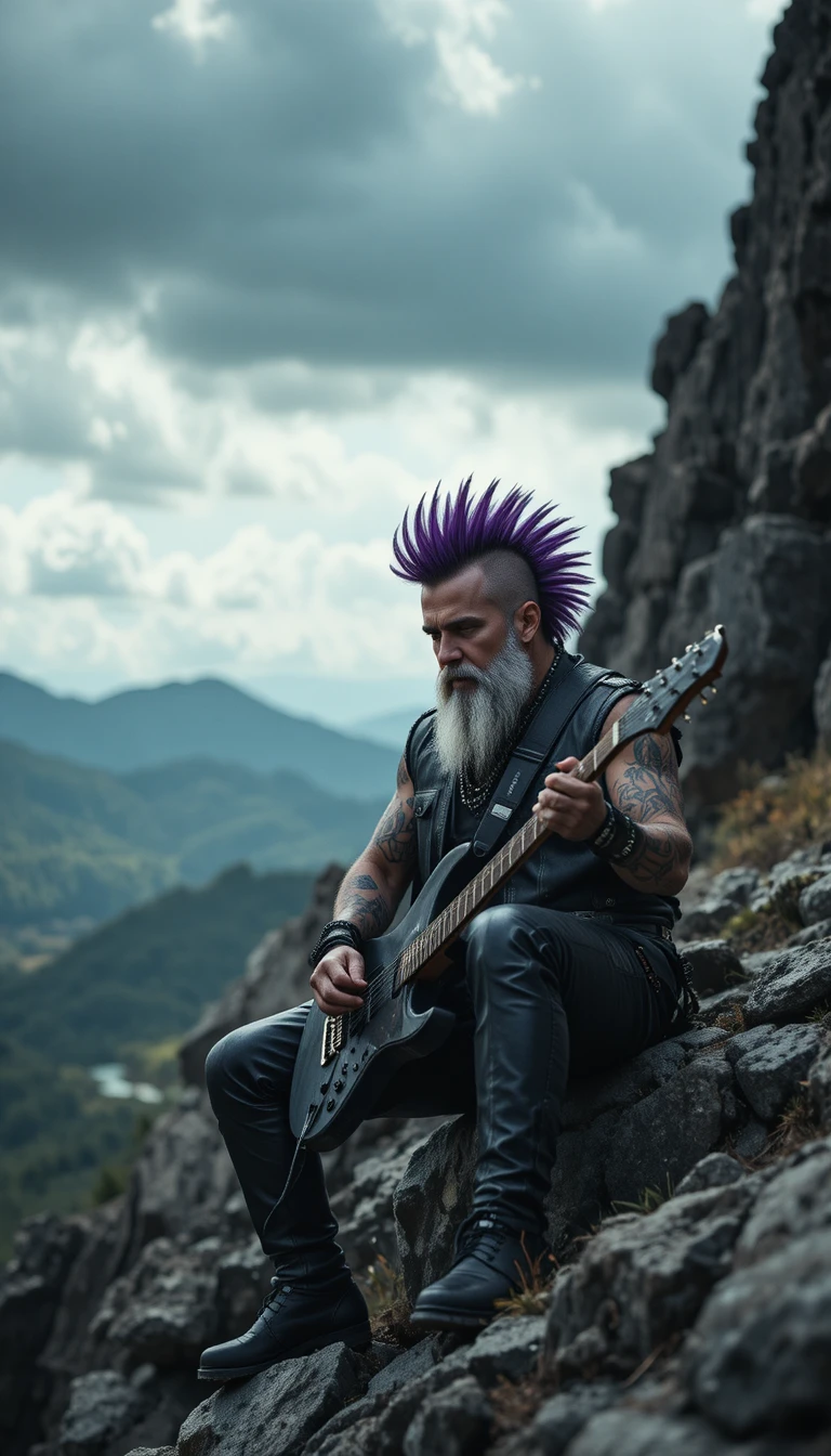 Rock guitarist with purple mohawk on a rugged boulder hill