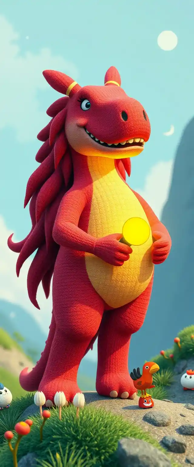 Colorful prehistoric fantasy creatures in a playful 3d scene