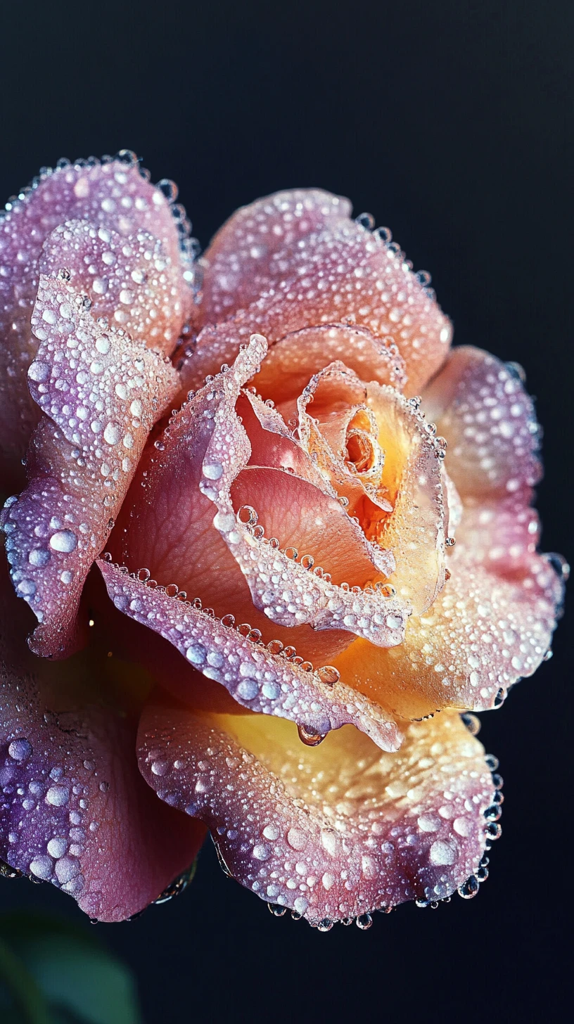 Macro portrait of a rose crowned with crystal dew drops