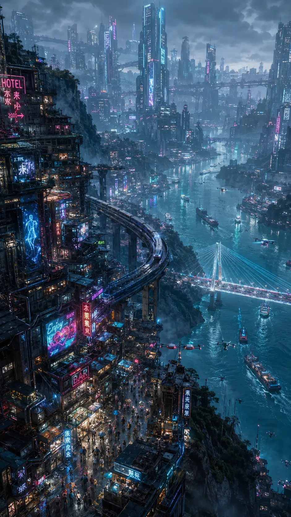 Aerial view of cyberpunk mountain city with neon river