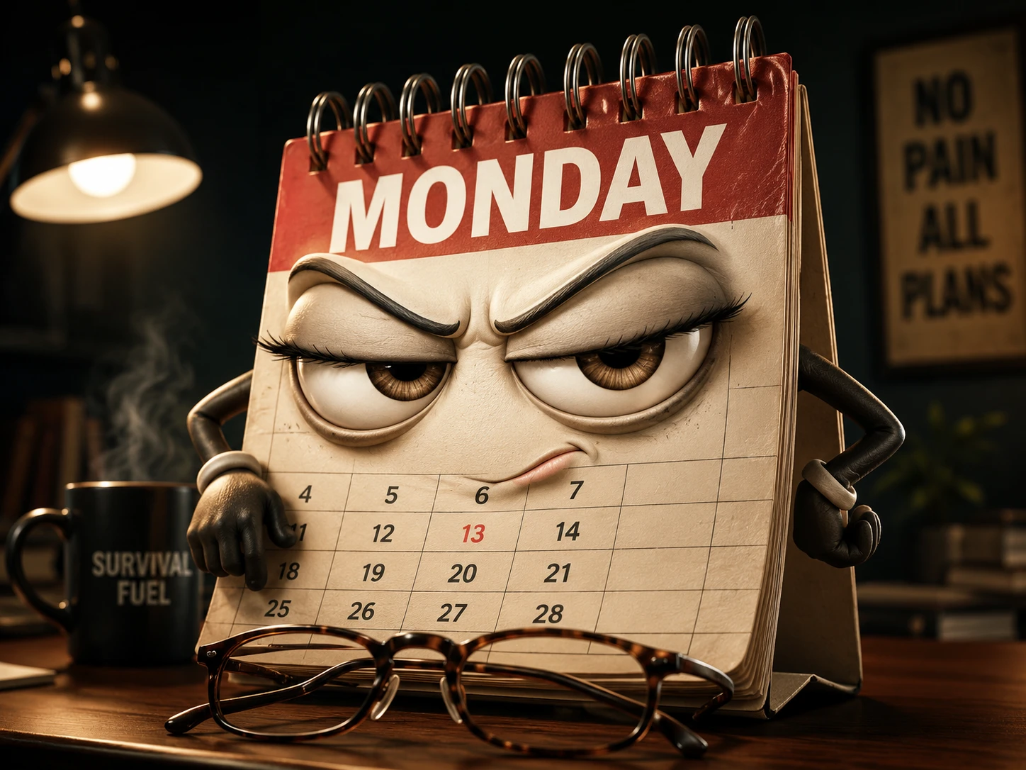 Anthropomorphic calendar glaring over glasses with coffee nearby