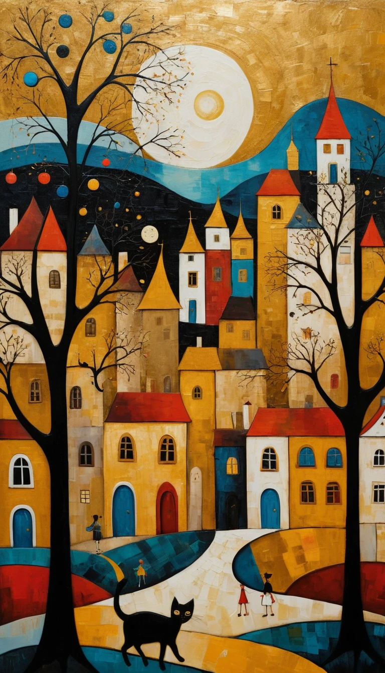 Golden abstract village with whimsical figures and cat