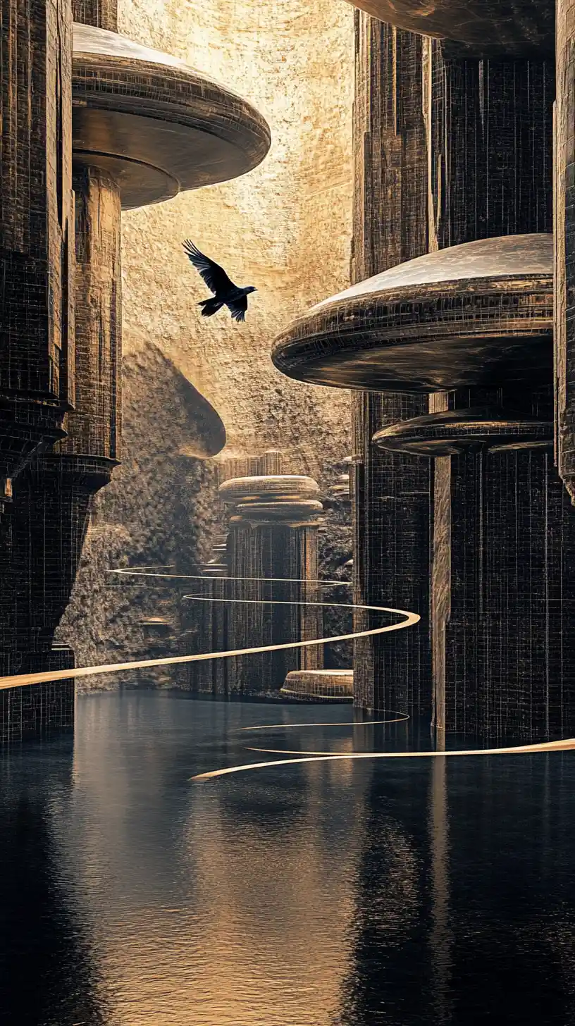 Peregrine falcon diving through surreal floating sphere canyon