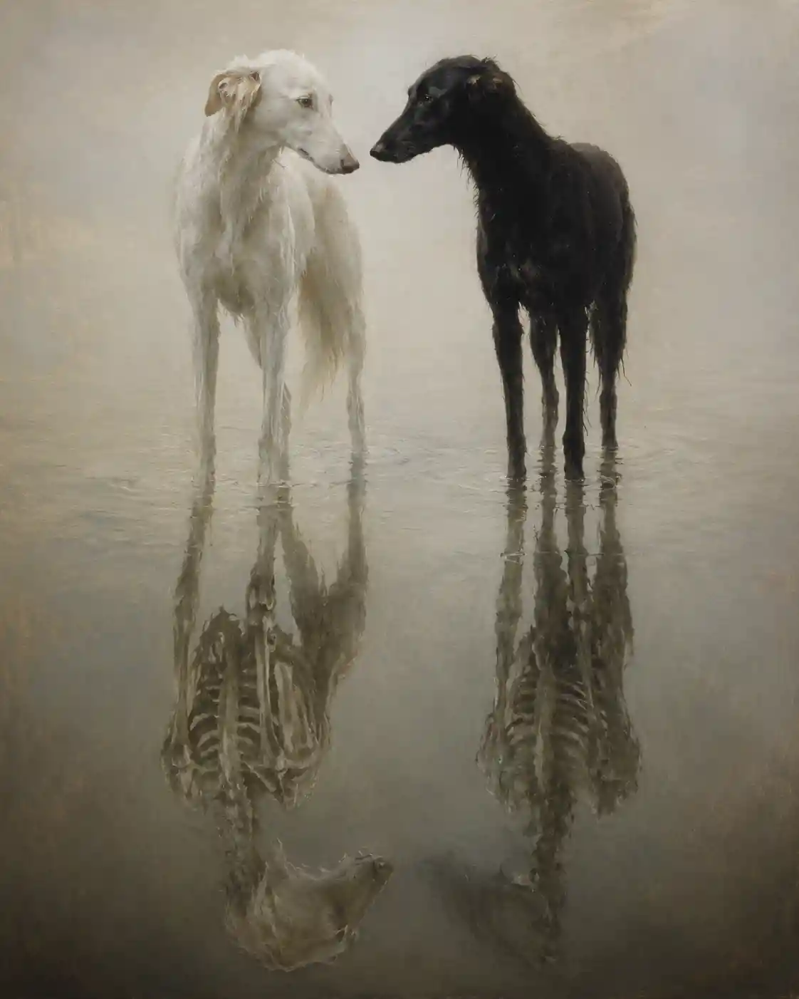 Painted dogs standing in shallow reflective water in fine art style