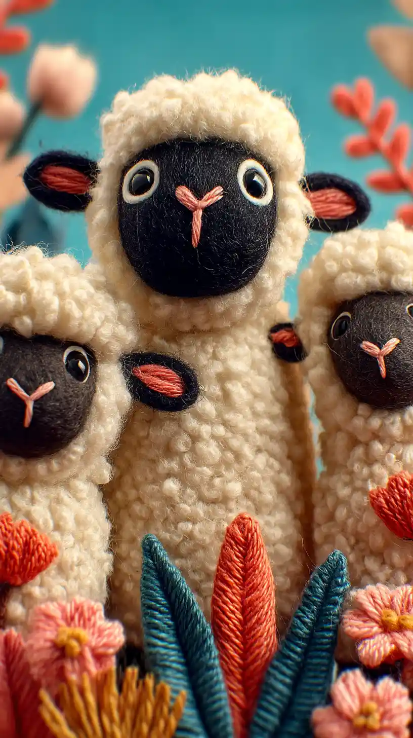 Needle felted lamb trio in a whimsical studio close up