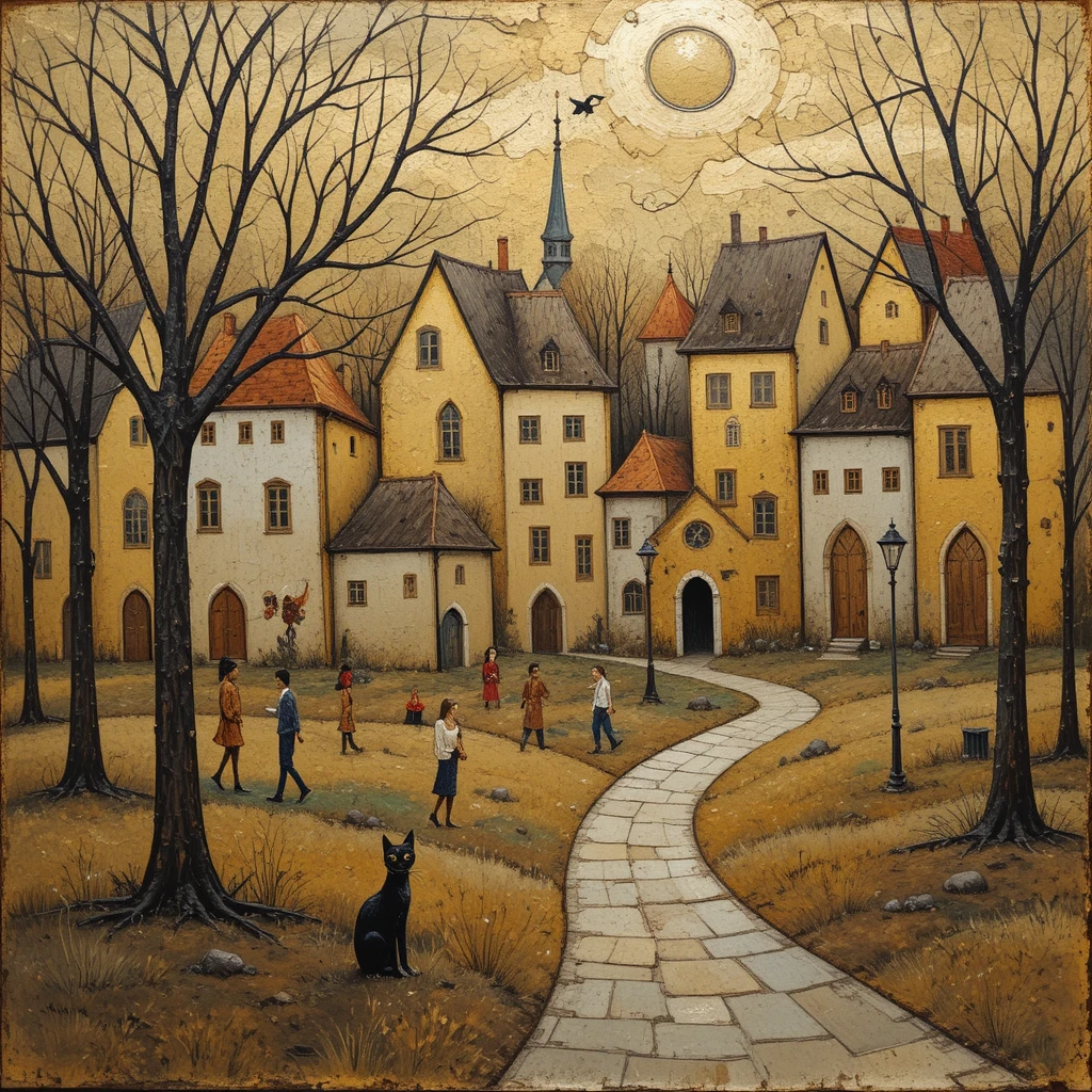 Whimsical golden village painting with abstract figures and cat