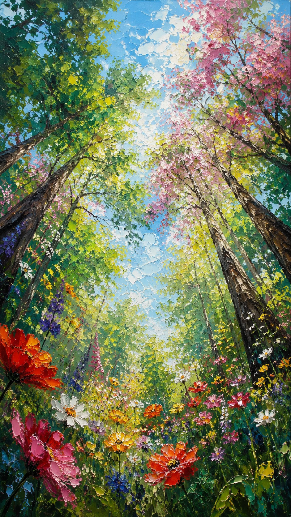 Low angle view of spring flowers under forest canopy