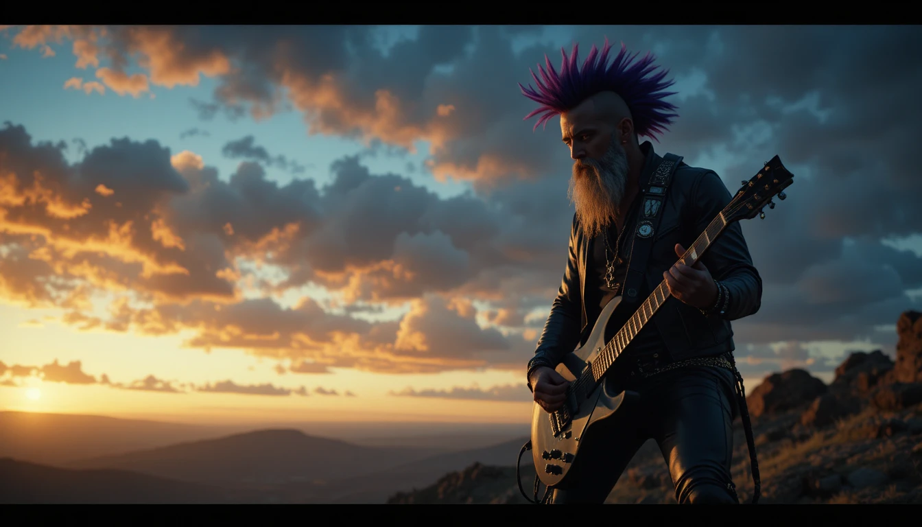 Grey bearded rockstar soloing on a hill at sunset