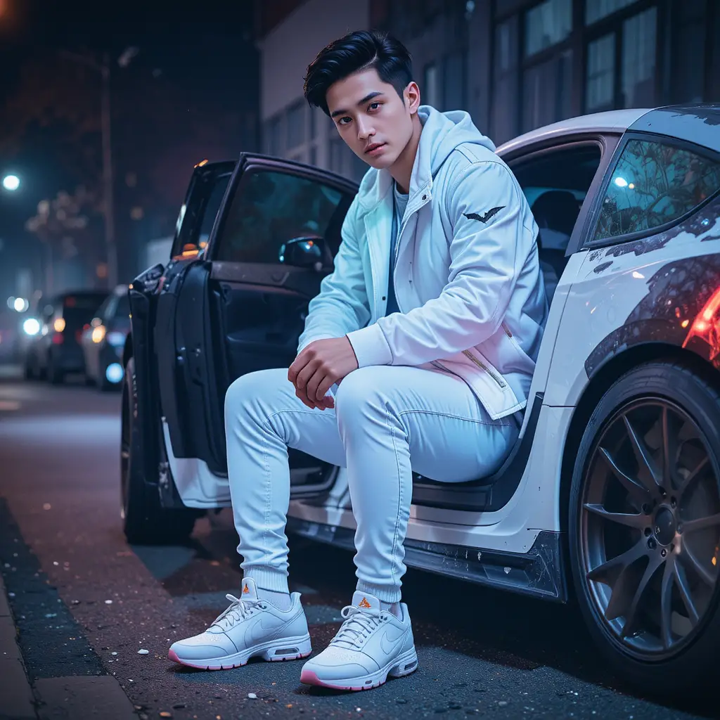 Young man posing beside a car with colorful rgb lights