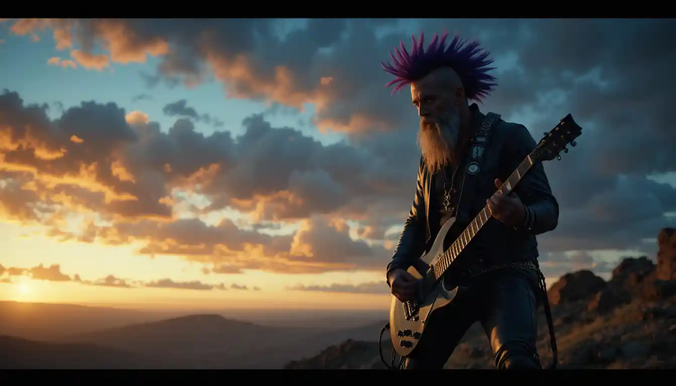 Grey bearded rockstar soloing on a hill at sunset