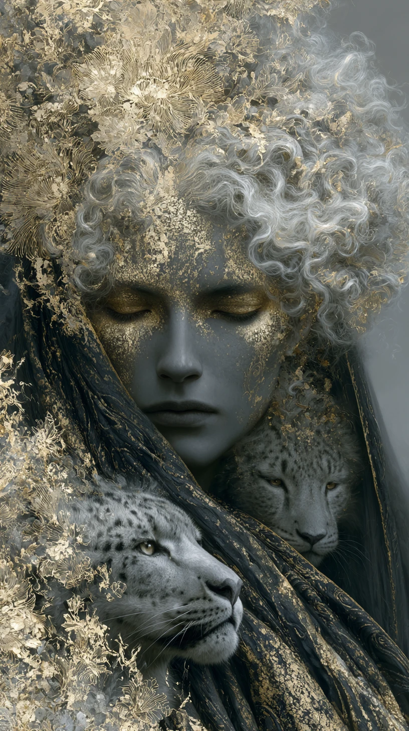 Dreamlike Goddess Surrounded By Felines And Floral Ornaments