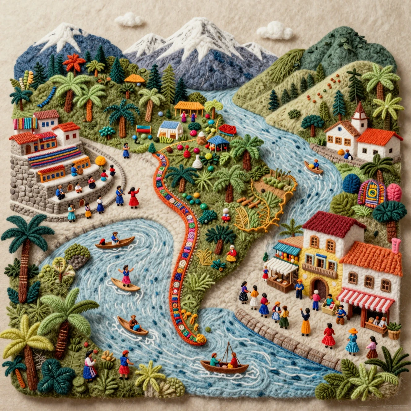 Textile diorama of South American cultural landscape