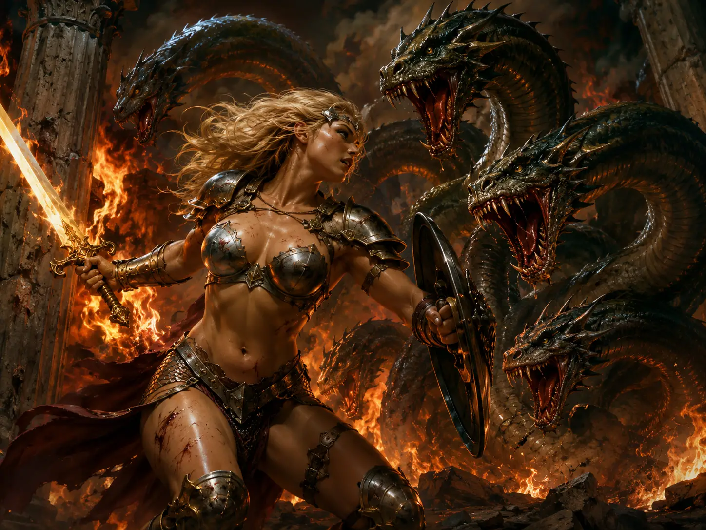 Fierce female warrior fighting hydra in burning ruins