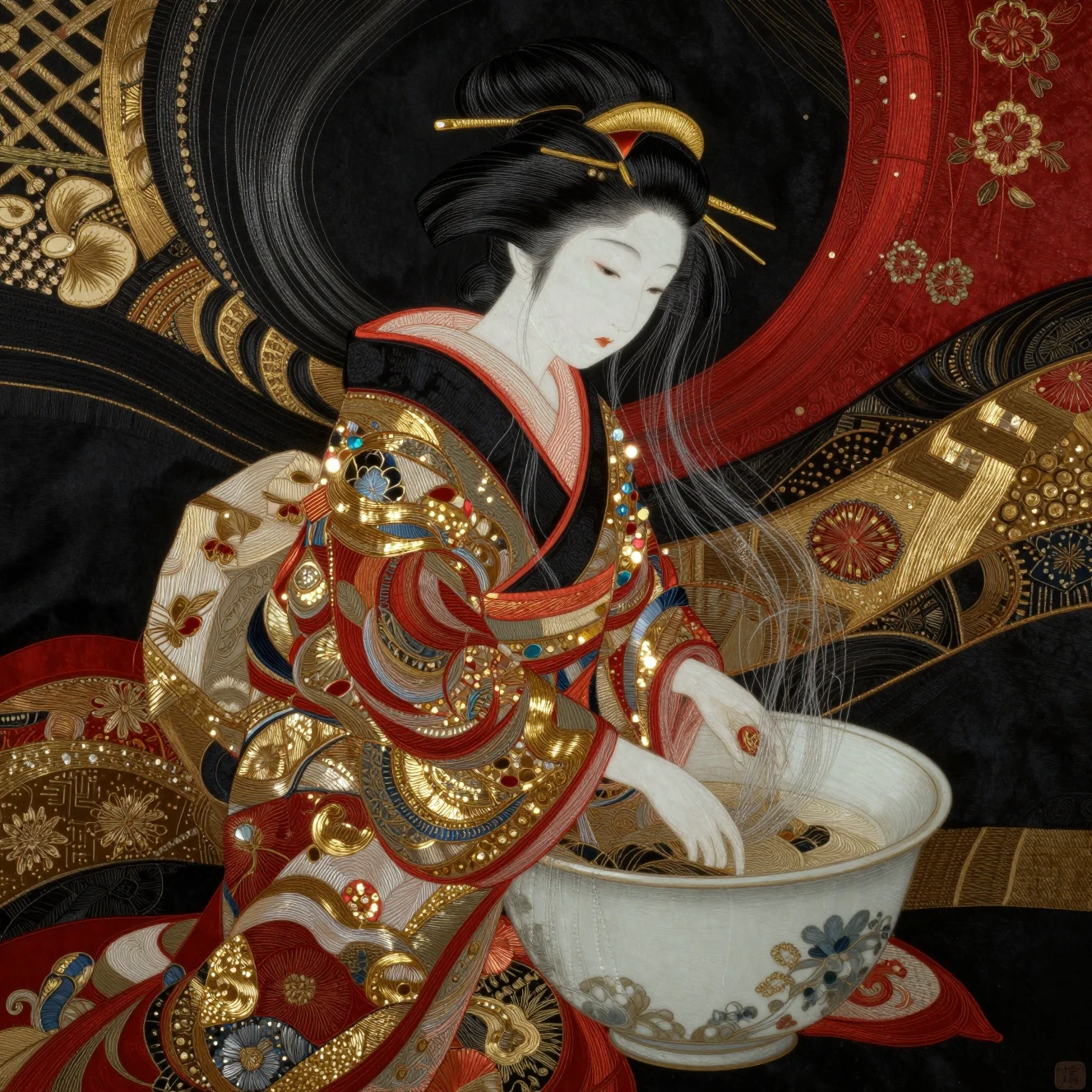 Retrato melancólico de geisha en intrincado arte textil japonés
