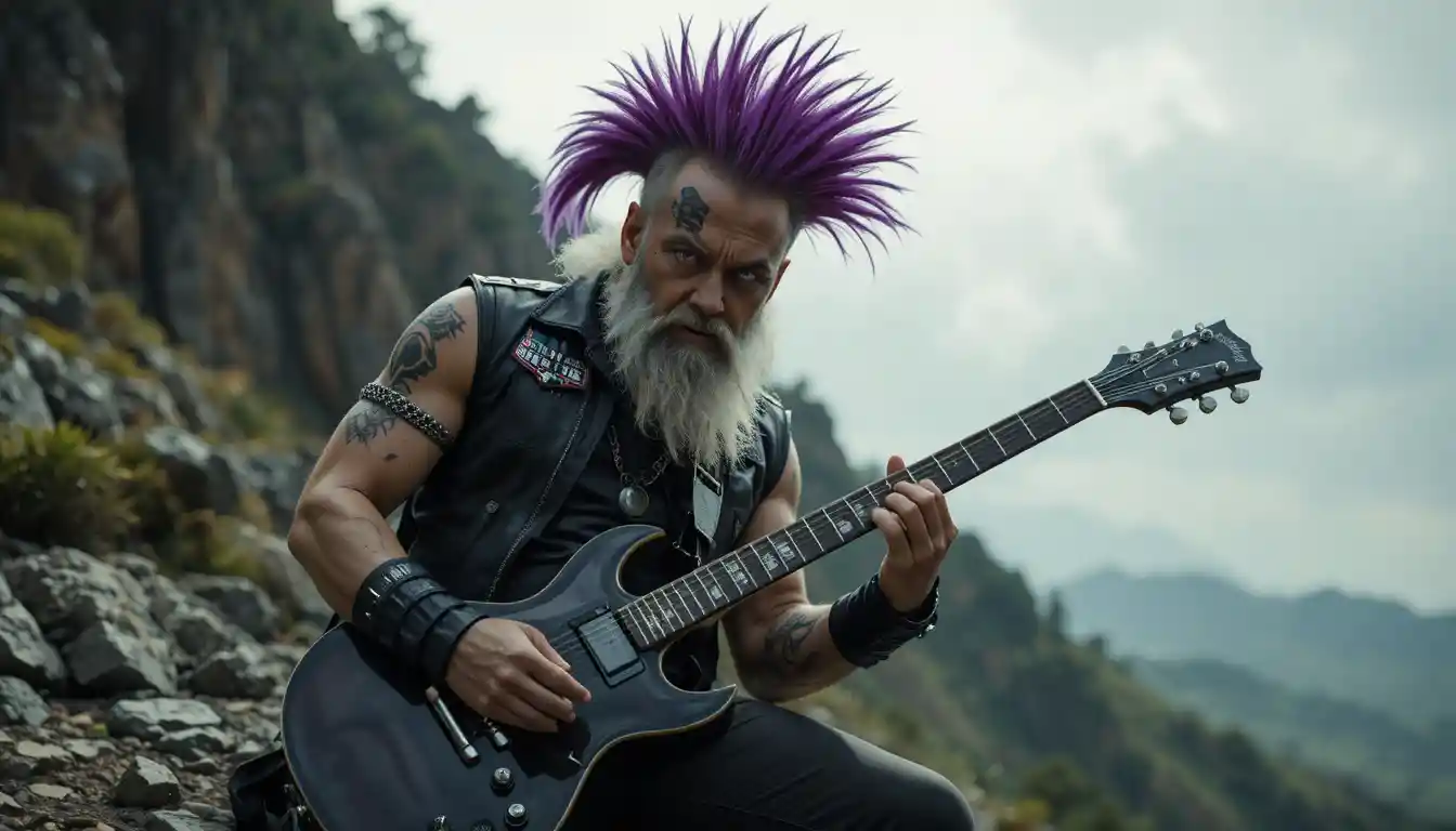 Rock guitarist with purple mohawk playing on boulder hill