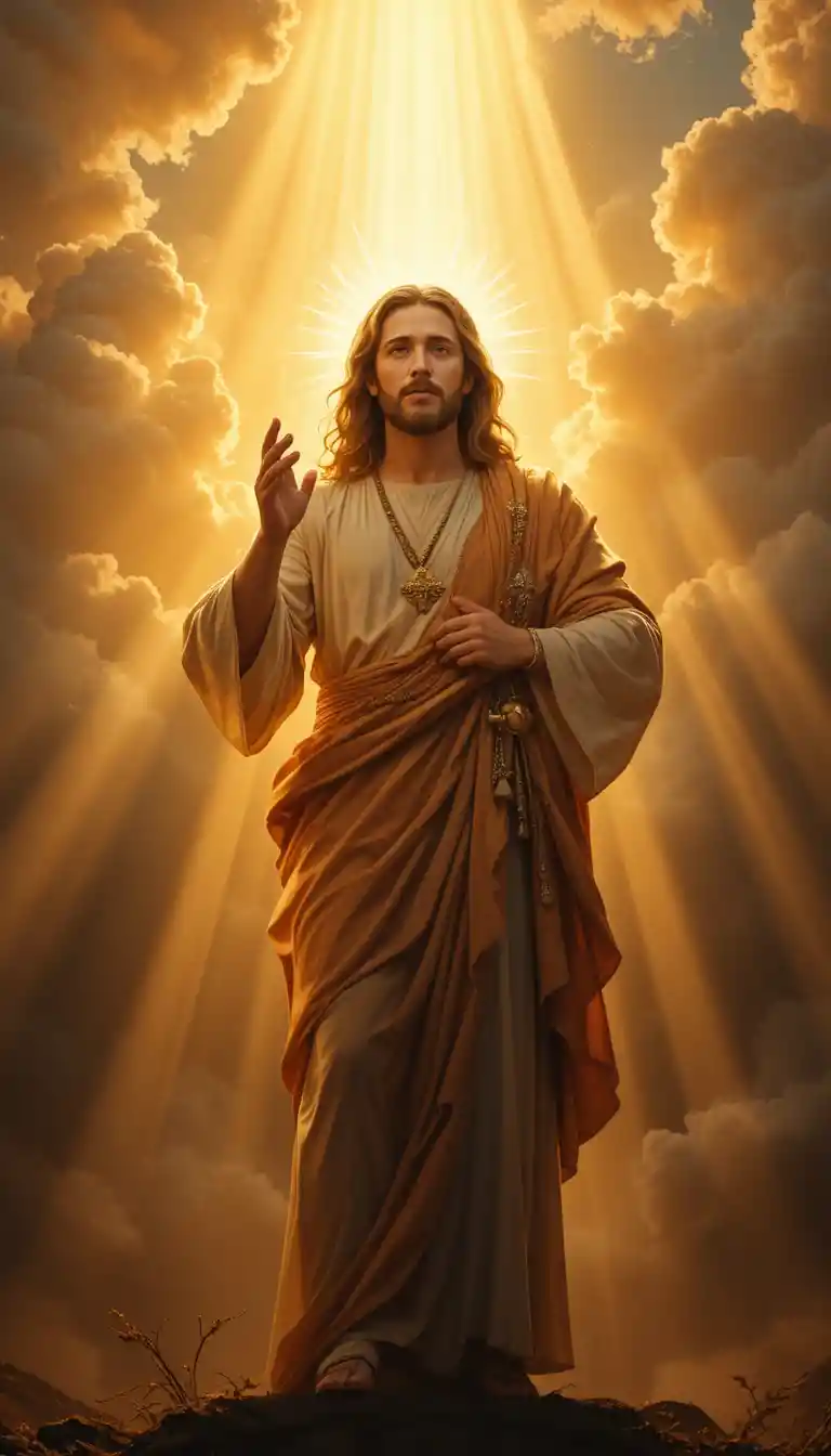 Jesus Christ in radiant divine light among opening clouds