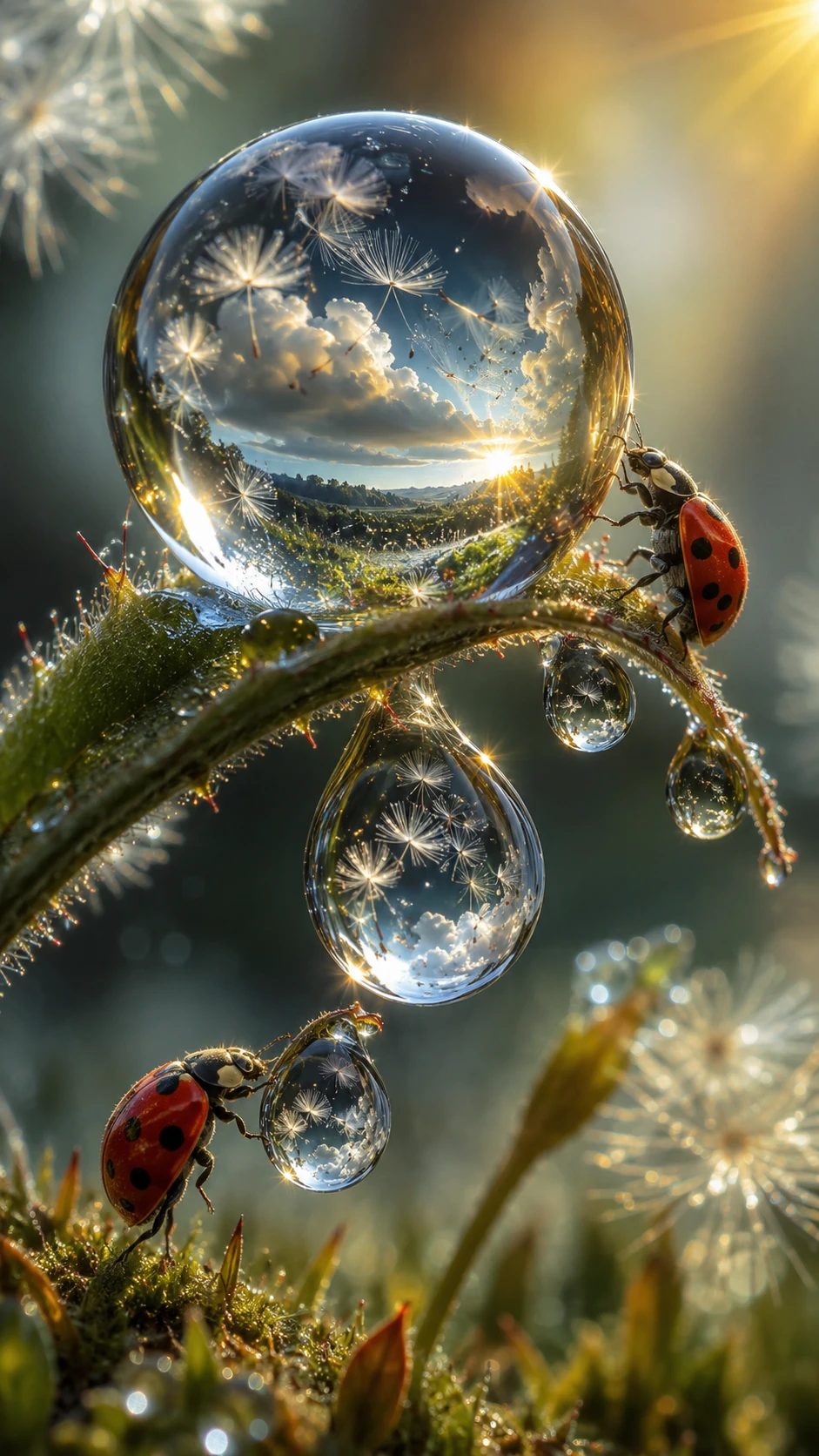 Insectos en macro con gotas de lluvia surrealistas como cristales