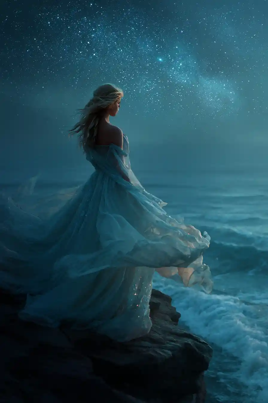 Mystical woman on a windswept cliff under starry sky