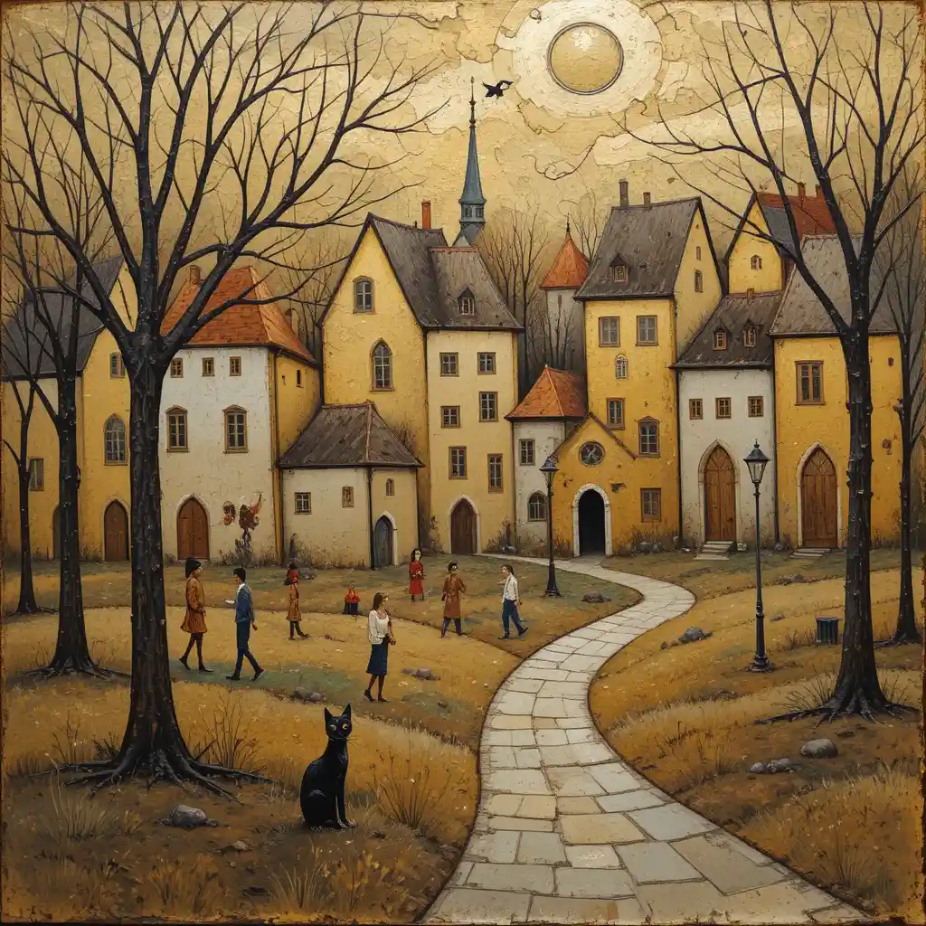 Whimsical golden village painting with abstract figures and cat