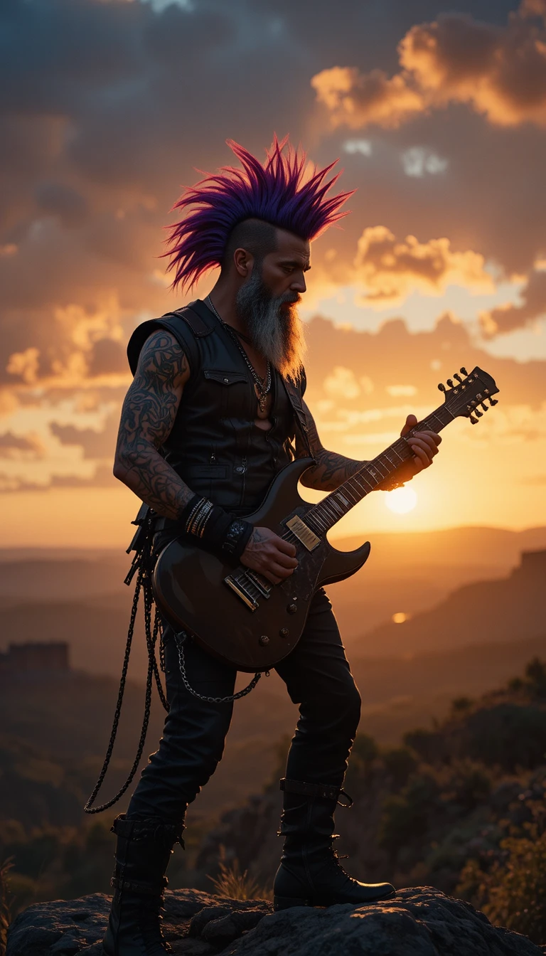 Aged rock guitarist soloing on a boulder at sunset