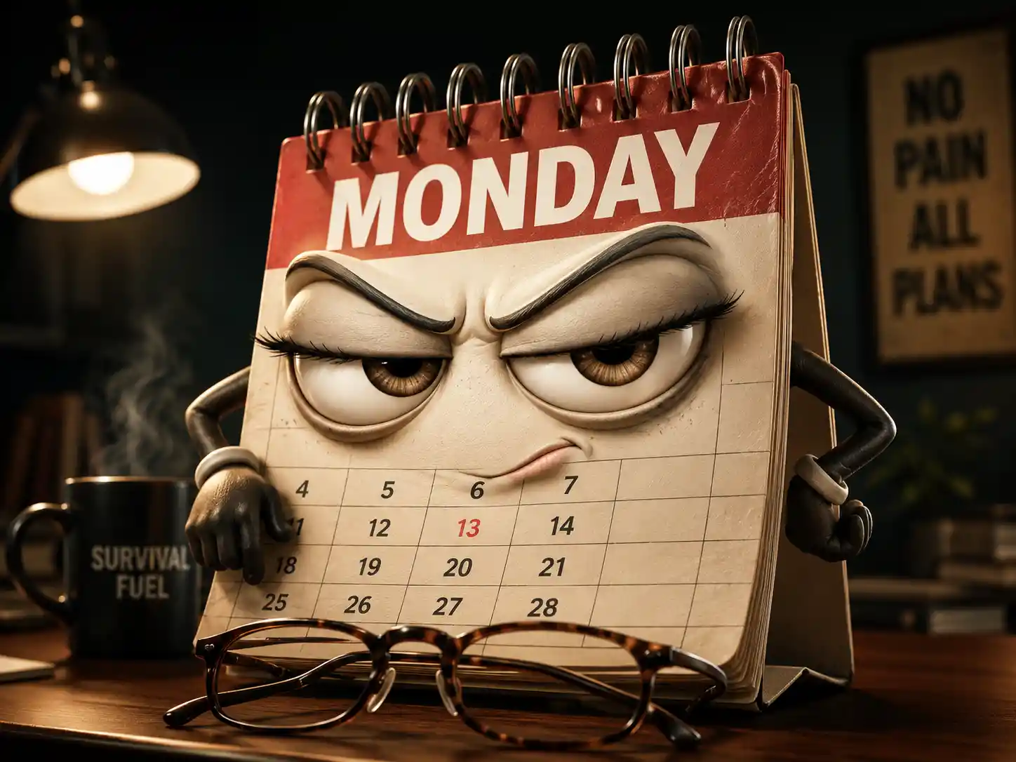Anthropomorphic calendar glaring over glasses with coffee nearby