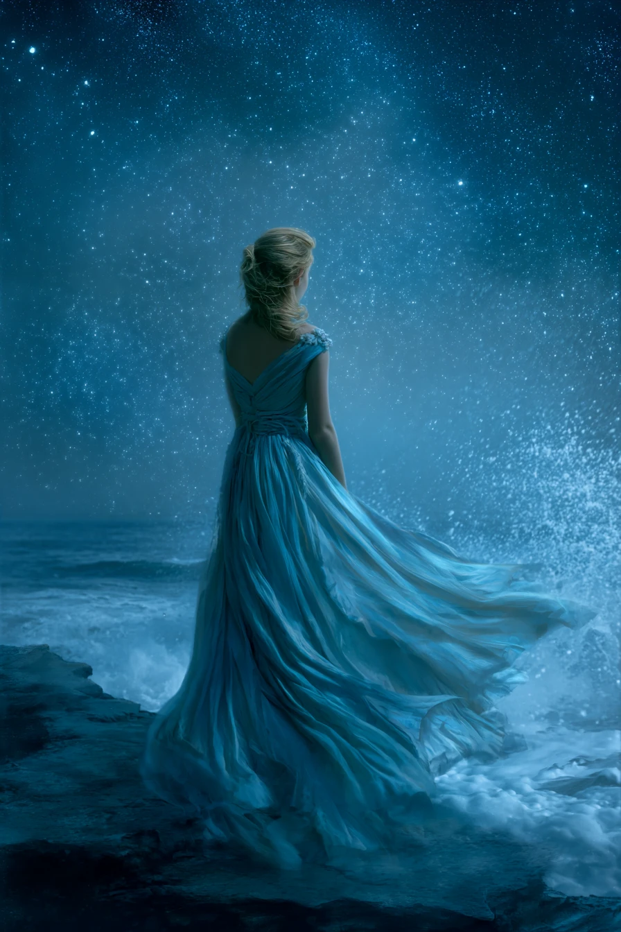 Mystical woman on a windswept cliff under starry sky
