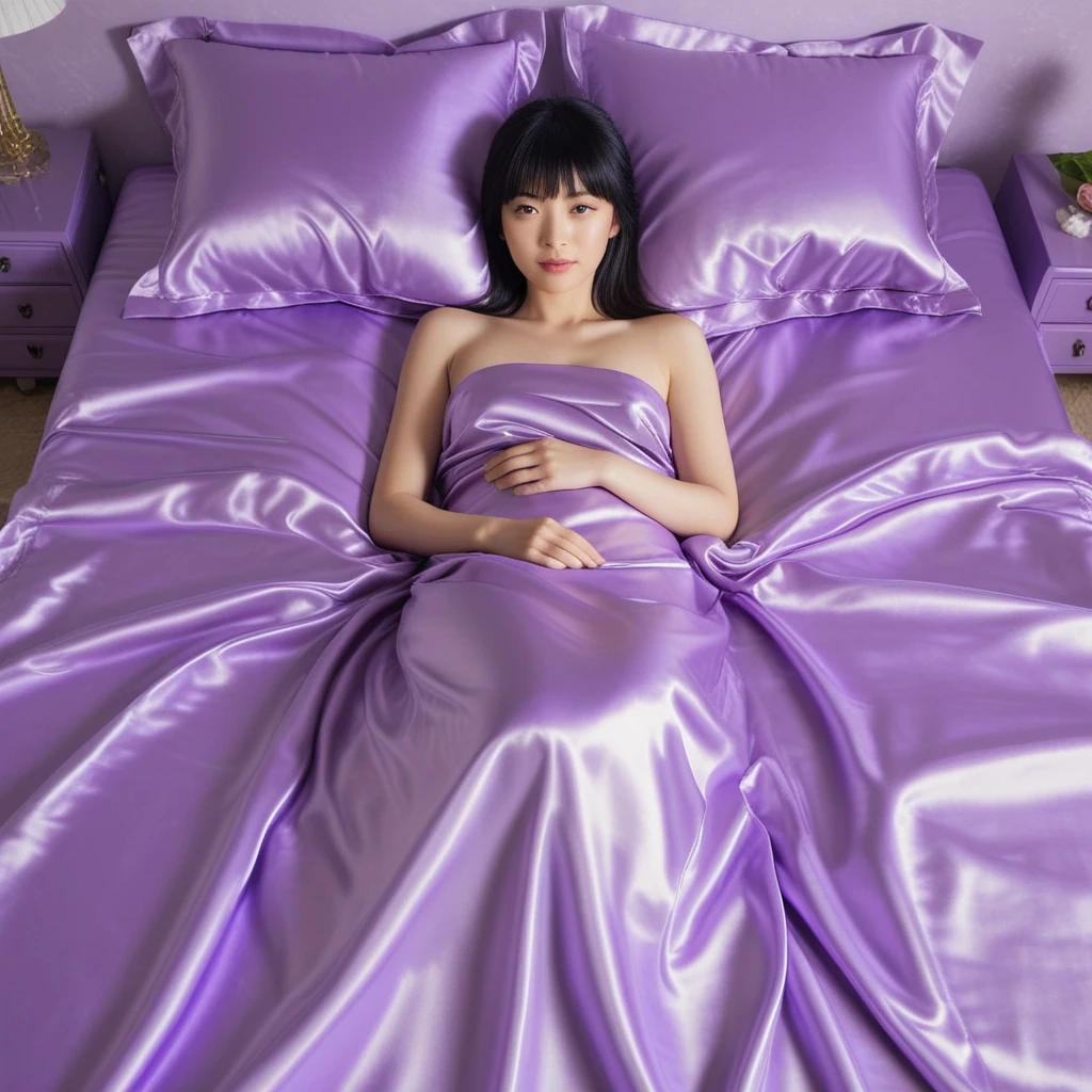 Japanese woman resting on glossy lilac satin bed sheets